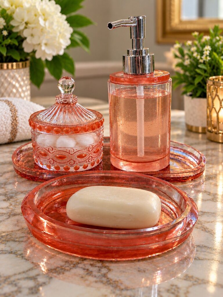 Coral-Toned Bathroom Accessory Set