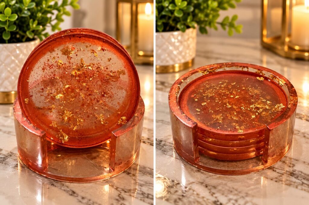 Rose Gold Resin Coaster Set with Holder