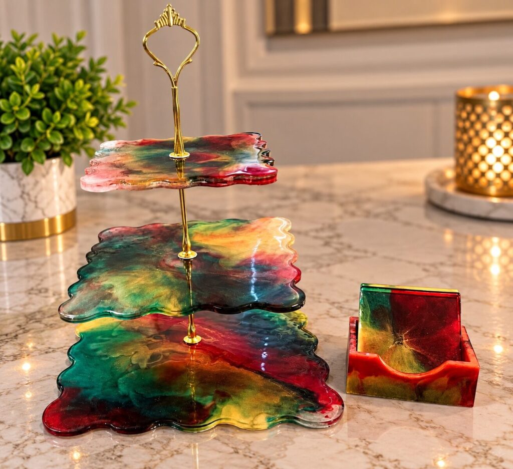Multicolor Three-Tier Resin Display Stand and Coaster Holder