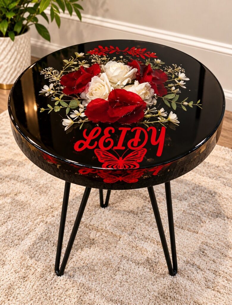 Personalized Floral Black Resin Accent Table
